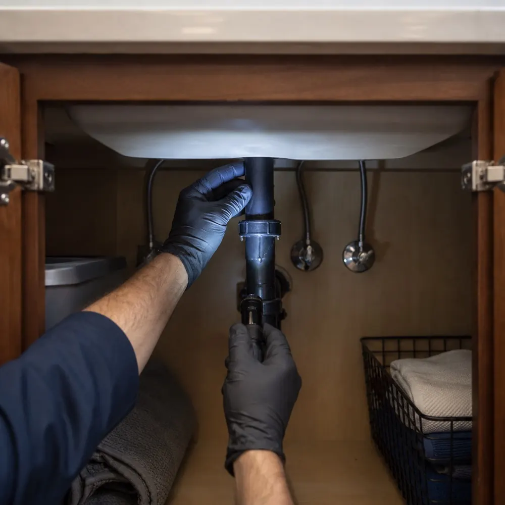 Plumber working on a kitchen drain
