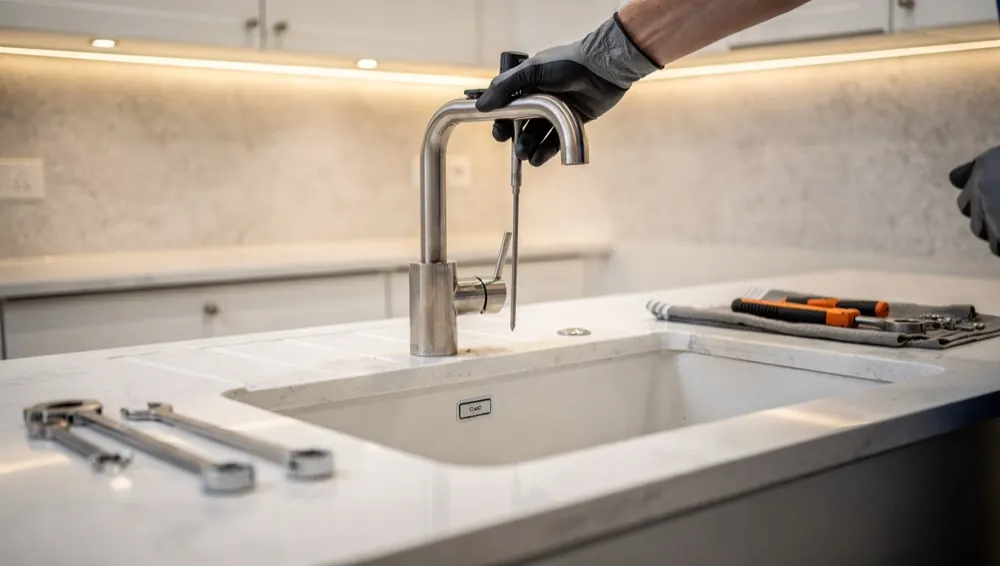 Plumber inspecting pipes under a sink